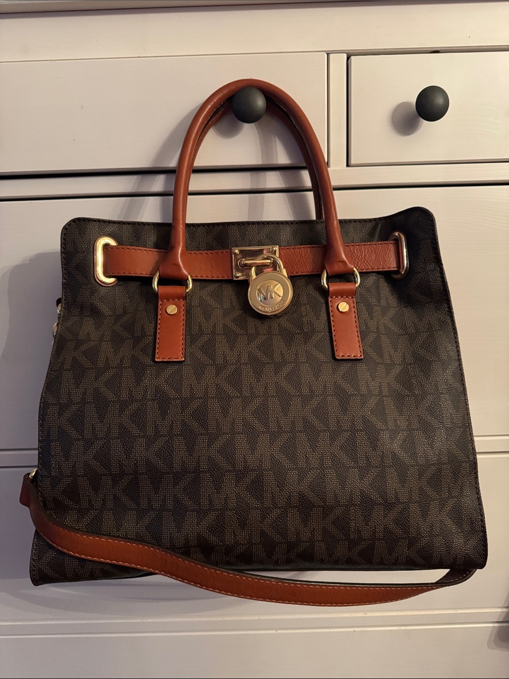Michael Kors Brown/ Tan Signature Hamilton Satchel with Gold Hardware
